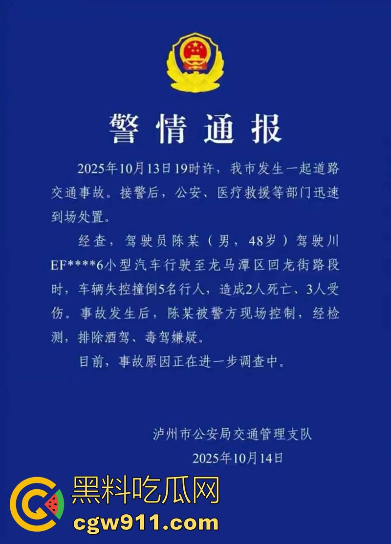 四川泸州龙马潭区，发生严重交通事故，小型汽车通过路口后加速撞向人行道，撞倒5名行人，导致2人当场死亡。  第1张